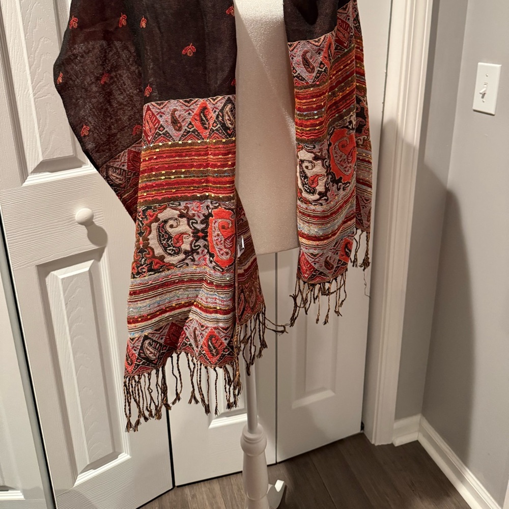Colorful Reversible Patterned Shawl with Fringe